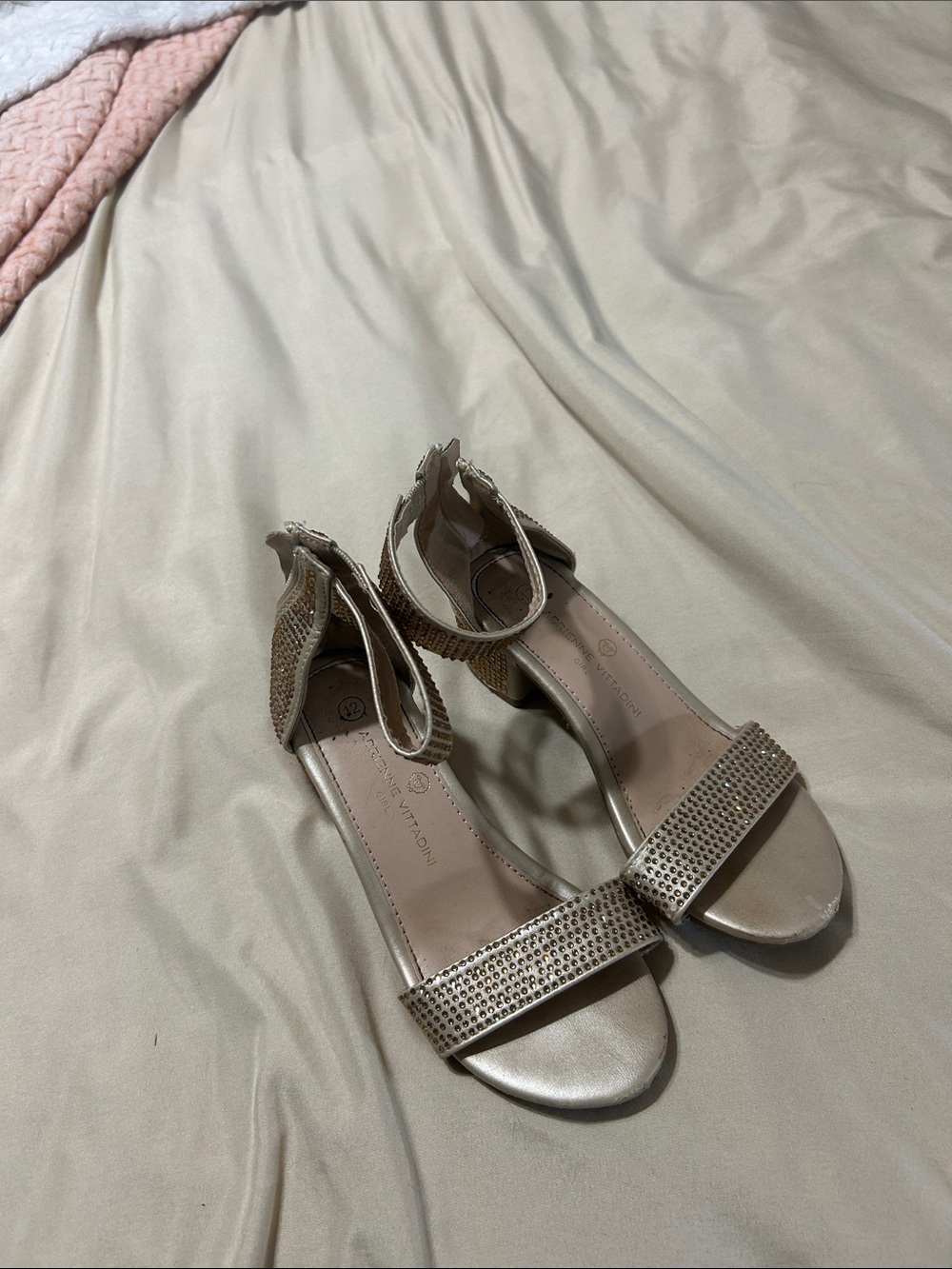 Adrienne Vittadini Champagne Metallic Low Block Heel Sandals